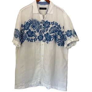 Tommy Bahama Linen Hawaiian White Button Down Short Sleeve Shirt Blue Floral XL
